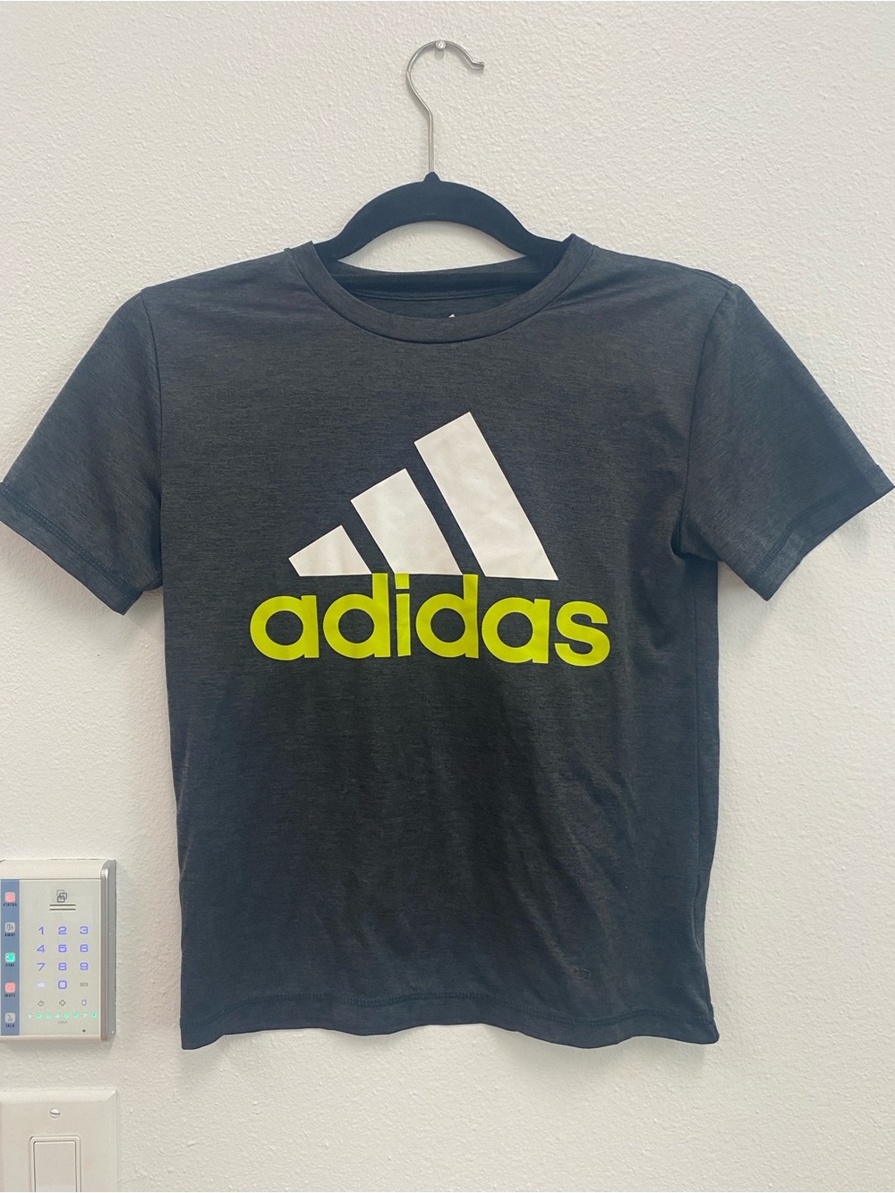 adidas Black Tee with White Logo and Neon Green Wordmark